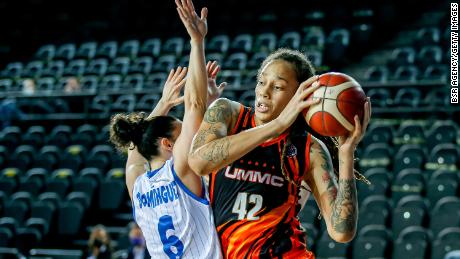 Silvia Dominguez of Perfumerias Avenida competes with Brittney Griner of UMMC Ekaterinburg, April 18, 2021.