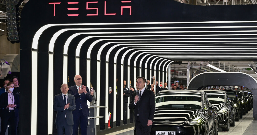 Elon Musk opens Tesla’s first European plant, near Berlin.