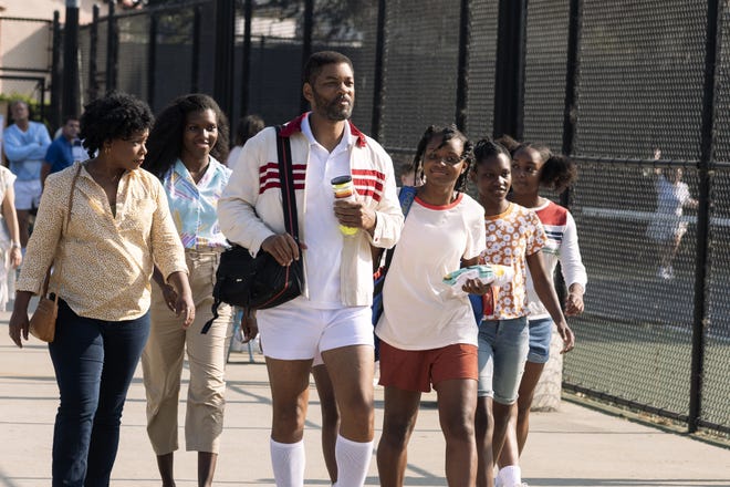 Aunjanue Ellis (from left), Mikayla Bartholomew, Will Smith, Saniyya Sidney, Demi Singleton and Daniele Lawson in the tennis drama "King Richard."