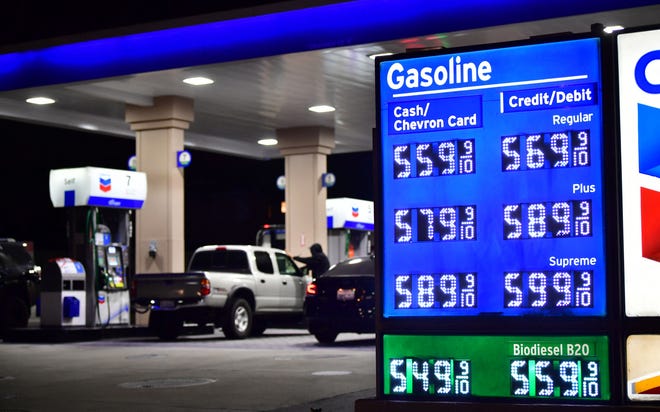 Prices for gas and diesel fuel, over $5 a gallon, are displayed at a petrol station in Los Angeles, California on March 4, 2022.