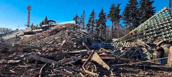 Collapsed sports bleachers.