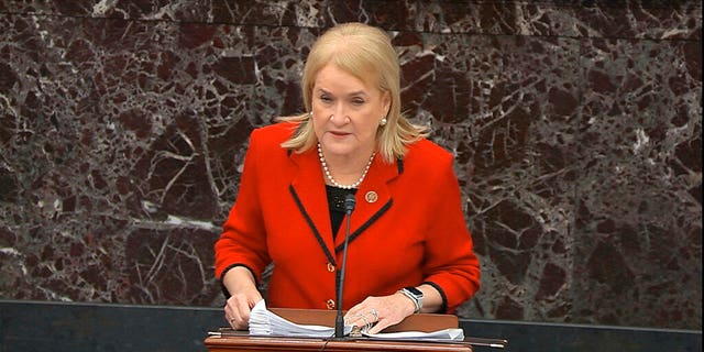 In this image from video, House impeachment manager Rep. Sylvia Garcia, D-Texas, speaks during the impeachment trial against President Donald Trump in the Senate at the U.S. Capitol in Washington, Thursday, Jan. 23, 2020. Garcia called on Biden to boost domestic energy supplies. (Senate Television via AP)