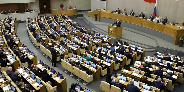 The Russian State Duma, the Lower House of the Russian Parliament in Moscow. (AP Photo/Pavel Golovkin)