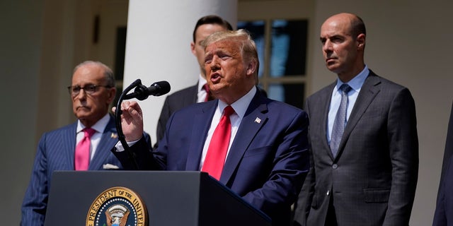 President Donald Trump speaks during a news conference in the Rose Garden of the White House. 