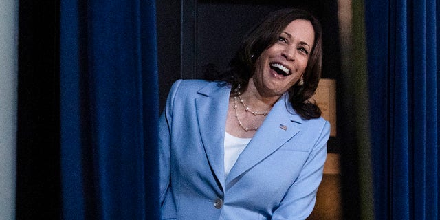 Vice President Kamala Harris laughs after speaking to the Generation Equality Forum, June 30, 2021. (AP Photo/Alex Brandon)