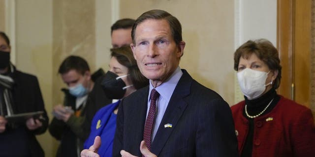 Sen. Richard Blumenthal, D-Conn., gives a briefing at the Ukrainian Presidential office after their meeting with Ukrainian President Volodymyr Zelenskyy in Kyiv, Ukraine, Monday, Jan. 17, 2022. 