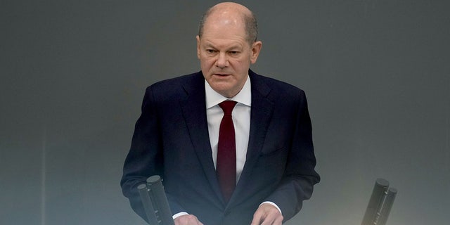 German Chancellor Olaf Scholz delivers a speech on the Russian invasion of the Ukraine