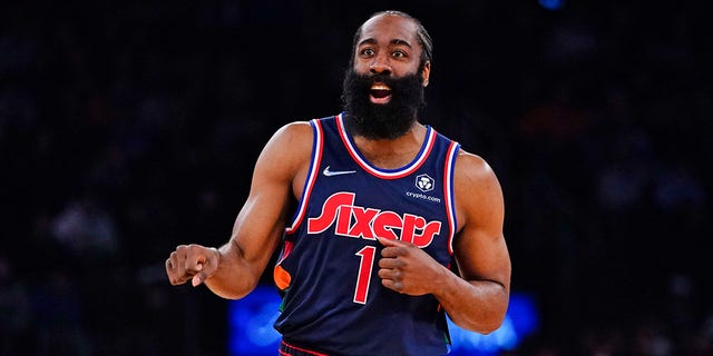 The Philadelphia 76ers' James Harden (1) calls out to a teammate during the first half against the New York Knicks Feb. 27, 2022, in New York.