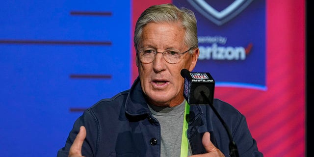 Seattle Seahawks head coach Pete Carroll speaks during a press conference at the NFL football scouting combine in Indianapolis, Wednesday, March 2, 2022.