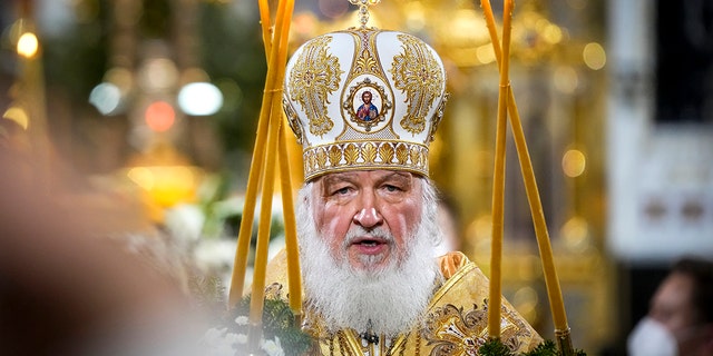 FILE - Russian Orthodox Patriarch Kirill delivers the Christmas Liturgy in the Christ the Saviour Cathedral in Moscow, Russia, Thursday, Jan. 6, 2022. (AP Photo/Alexander Zemlianichenko)