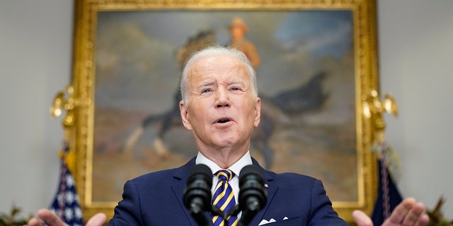President Joe Biden announced a ban on Russian oil imports, toughening the toll on Russia's economy in retaliation for its invasion of Ukraine, Tuesday, March 8, 2022, in the Roosevelt Room at the White House in Washington.