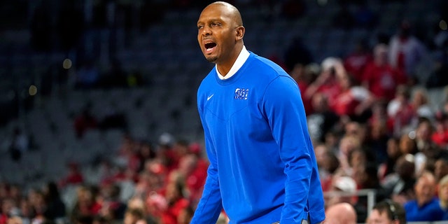 Memphis head coach Penny Hardaway yells from the sideline during the first half of a game against Houston in the American Athletic Conference tournament championship in Fort Worth, Texas, March 13, 2022.