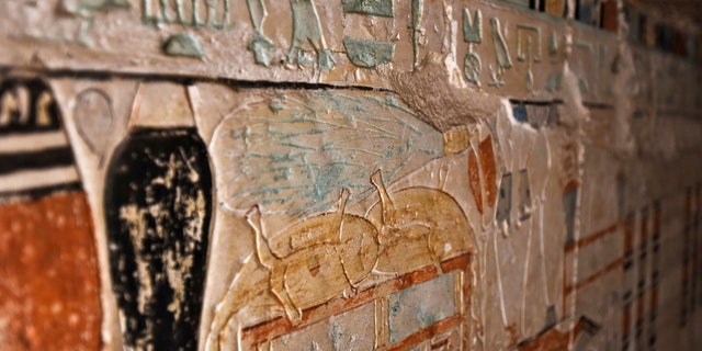 Walls decorated with hieroglyphic inscriptions and images of sacred animals are seen at a recently discovered tomb near the famed Step Pyramid, in Saqqara, south of Cairo, Egypt, Saturday, March 19, 2022.