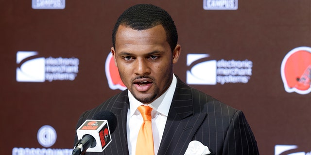 Cleveland Browns new quarterback Deshaun Watson speaks during a news conference at the NFL football team's training facility, Friday, March 25, 2022, in Berea, Ohio. 