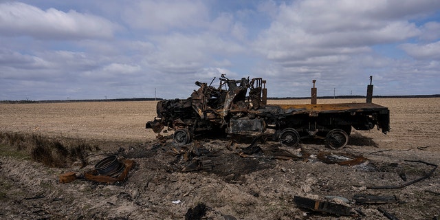 A Russian military vehicle destroyed during combats against Ukrainian army is seen in a corn field in Sytnyaky, on the outskirts of Kyiv, Ukraine, Sunday, March 27, 2022.