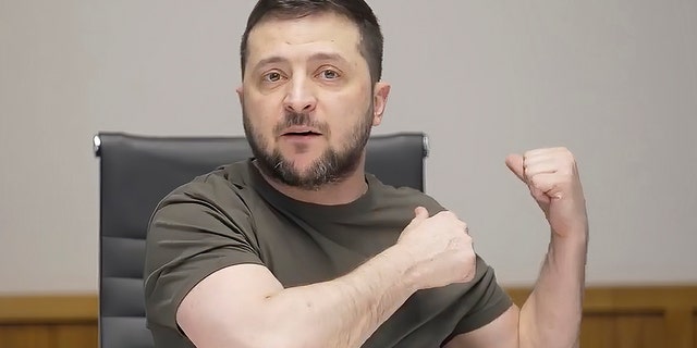 In this image from video provided by the Ukrainian Presidential Press Office, Ukrainian President Volodymyr Zelenskyy speaks during an interview with independent Russian news media from Kyiv, Ukraine, Sunday, March 27, 2022.
