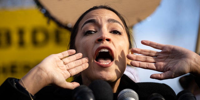 Rep. Alexandria Ocasio-Cortez, D-N.Y., speaks during a rally for immigration provisions 
