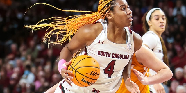  South Carolina Gamecocks forward Aliyah Boston drives against the Tennessee Lady Vols in the first half at Colonial Life Arena.