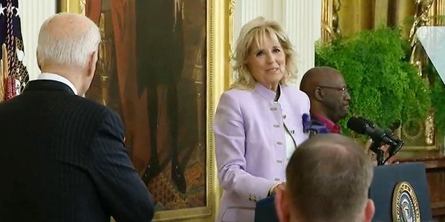 First Lady Jill Biden gives a speech at the White House on Tuesday