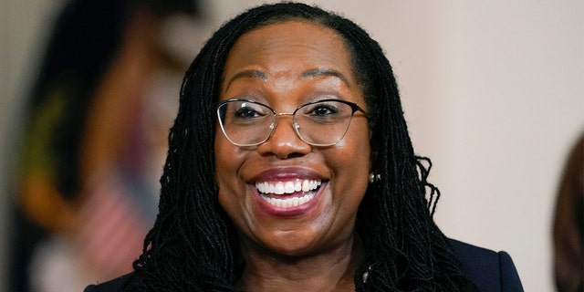 Judge Ketanji Brown Jackson speaks after President Biden announced Jackson as his nominee to the Supreme Court in the Cross Hall of the White House, Friday, Feb. 25, 2022, in Washington. (AP Photo/Carolyn Kaster)