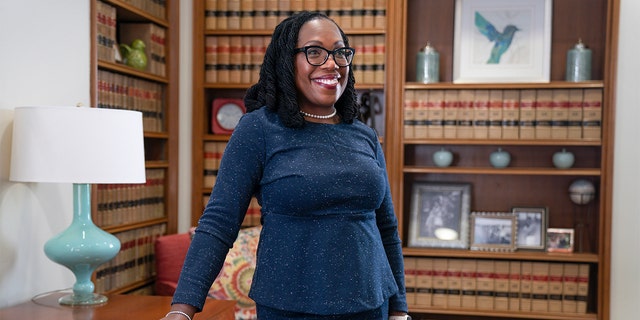 Judge Ketanji Brown Jackson, who is a U.S. Circuit Judge on the U.S. Court of Appeals for the District of Columbia Circuit, poses for a portrait, Friday, Feb., 18, 2022, in her office at the court in Washington. (AP Photo/Jacquelyn Martin)