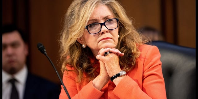 Sen. Marsha Blackburn, R-Tenn., listens to senators opening statements during the confirmation hearing for Judge Ketanji Brown Jackson, President Bidens nominee for Associate Justice to the Supreme Court, on Monday, March 21, 2022. 