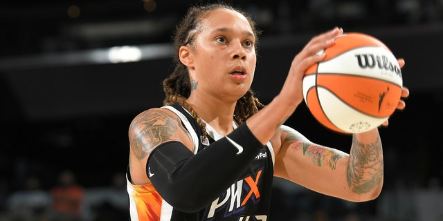 Brittney Griner of the Phoenix Mercury looks on during the game against the Chicago Sky during Game One of the 2021 WNBA Finals on Oct. 10, 2021, at Footprint in Phoenix, Arizona.