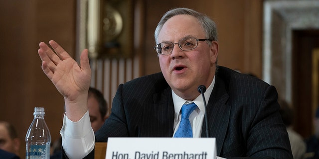 David Bernhardt, a former oil and gas lobbyist, speaks before the Senate Energy and Natural Resources Committee at his confirmation hearing to head the Interior Department, on Capitol Hill in Washington, Thursday, March 28, 2019. (AP Photo/J. Scott Applewhite)