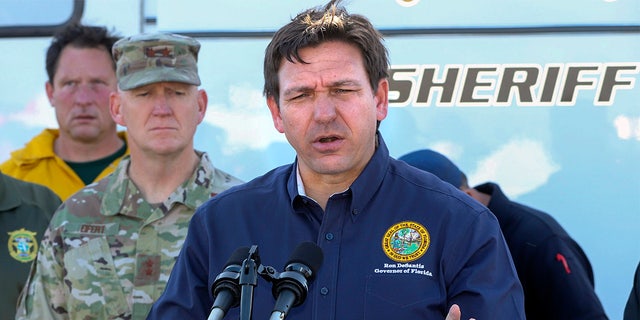 Florida Governor Ron DeSantis speaks about the firefighting effort and available assistance for Bay County during a press conference in Panama City on March 6, 2022.