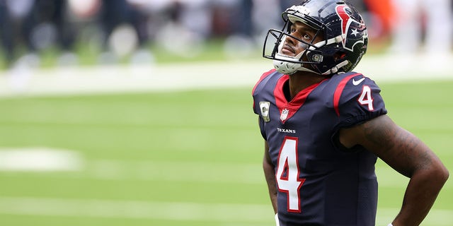 Deshaun Watson #4 of the Houston Texans reacts to a penalty in the second quarter during their game against the New England Patriots at NRG Stadium on November 22, 2020 in Houston, Texas.