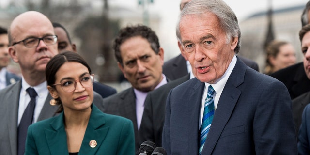 Rep. James McGovern, D-Mass., Sen. Edward Markey, D-Mass., and Rep. Alexandria Ocasio-Cortez, D-N.Y., hold a press conference on the Green New Deal.