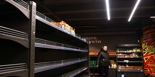 Shelves in a supermarket stand empty, following Russia's invasion of Ukraine, in Bila Tserkva, Ukraine, March 4, 2022. 