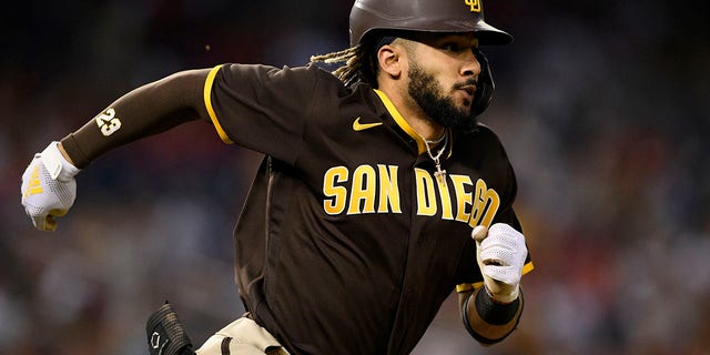 San Diego Padres' Fernando Tatis Jr. runs on his double against the Nationals on July 17, 2021, in Washington. (AP Photo/Nick Wass)