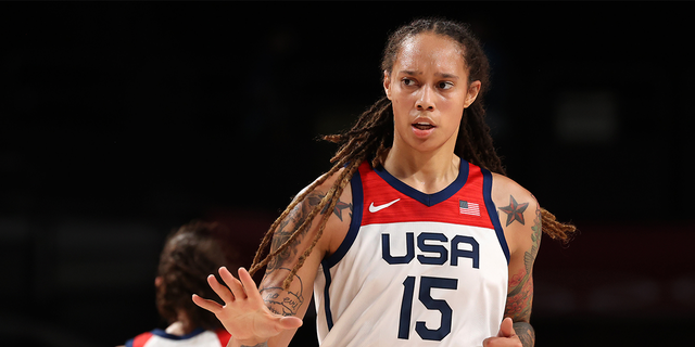 Brittney Griner #15 of Team United States reacts during the first half of the Women's Basketball final game between Team United States and Team Japan on day sixteen of the 2020 Tokyo Olympic Games at Saitama Super Arena on Aug. 8, 2021 in Saitama, Japan.
