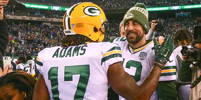 Green Bay Packers quarterback Aaron Rodgers (12) and Green Bay Packers wide receiver Davante Adams (17) after the National Football League game between the New York Jets and the Green Bay Packers on Dec. 23, 2018 at MetLife Stadium in East Rutherford, N.J. 