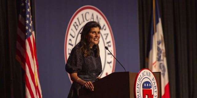 Nikki Haley, former ambassador to the United Nations, speaks during the Iowa GOP Lincoln Dinner in Des Moines, Iowa, U.S., on Thursday, June 24, 2021.  Photographer: Rachel Mummey/Bloomberg via Getty Images