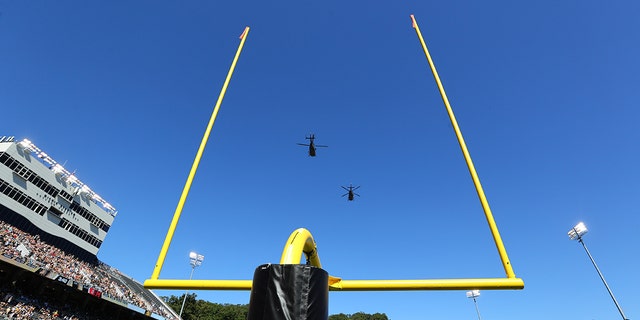 An Army Black Knights helicopter flyover prior to the college football game between the Army Black Knights and the Miami (Oh) Redhawks on September 25, 2021 at Michie Stadium in West Point, NY.   
