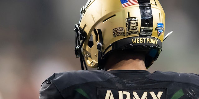 A game worn Army branded helmet with Ranger tabs on display during the Lockheed Martin Armed Forces Bowl game between the Army Black Knights and the Missouri Tigers on Wednesday December 22, 2021 in Ft. Worth, Texas 