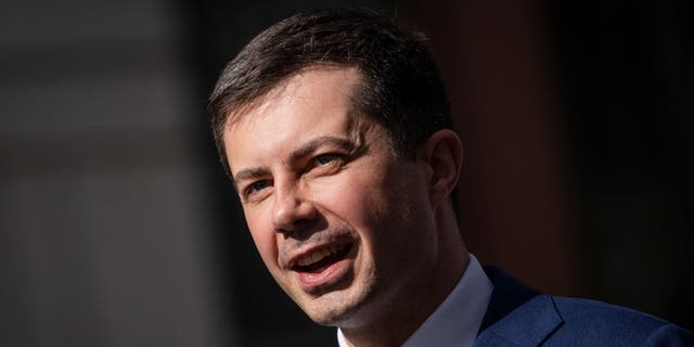 Secretary of Transportation Pete Buttigieg speaks during an event to discuss investments in the U.S. electric vehicle charging network, outside Department of Transportation headquarters on February 10, 2022, in Washington, D.C.