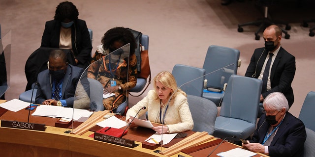 Catherine Russell C front, head of the UN Children's Fund, speaks during the Security Council meeting on Ukraine at the UN headquarters in New York, March 7, 2022.