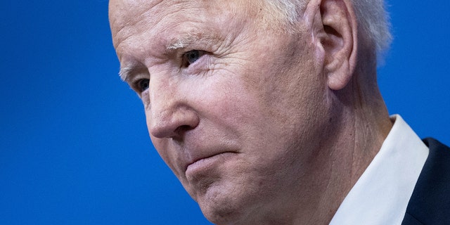 US President Joe Biden addresses at the European Union (EU) summit at the EU Headquarters, one day to the month of Russia's invasion of the Ukraine, in Brussels on March 24, 2022.