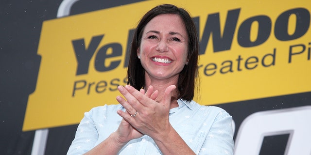 Alabama Republican Senate candidate and honorary starter Katie Britt is introduced on stage during pre-race ceremonies prior to the NASCAR Cup Series YellaWood 500 at Talladega Superspeedway on Oct. 3, 2021.