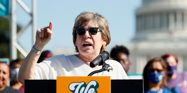 WASHINGTON, DC - OCTOBER 21: Randi Weingarten, president of the American Federation of Teachers, along with members of Congress, parents and caregiving advocates hold a press conference supporting Build Back Better investments in home care, childcare, paid leave and expanded CTC payments in front of the U.S. Capitol Building on October 21, 2021, in Washington, DC.