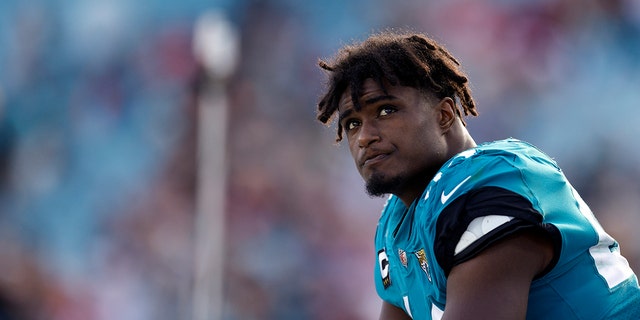 Myles Jack #44 of the Jacksonville Jaguars looks on during the fourth quarter against the San Francisco 49ers at TIAA Bank Field on November 21, 2021 in Jacksonville, Florida. 