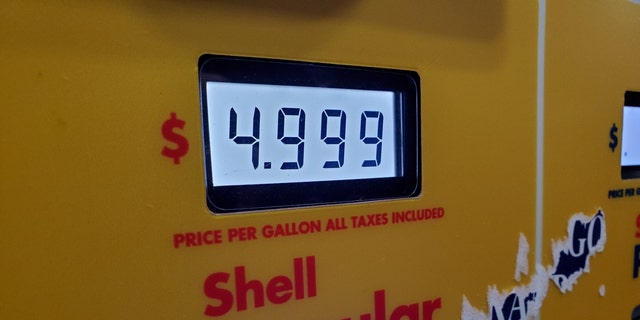 Shell gas pump showing high gas prices in Lafayette, California, November 25, 2021.