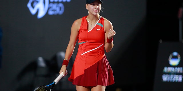 Anastasia Potapova of Russia celebrates a point during the AKRON WTA Zapopan Open 2022 on Feb. 23, 2022, in Mexico. 