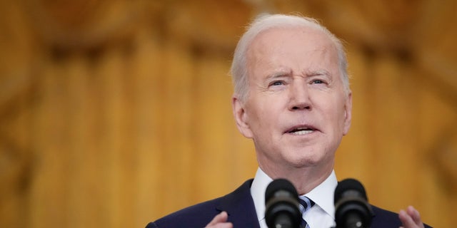 President Joe Biden delivers remarks about Russia's "unprovoked and unjustified" military invasion of neighboring Ukraine in the East Room of the White House on Feb. 24, 2022, in Washington, D.C.