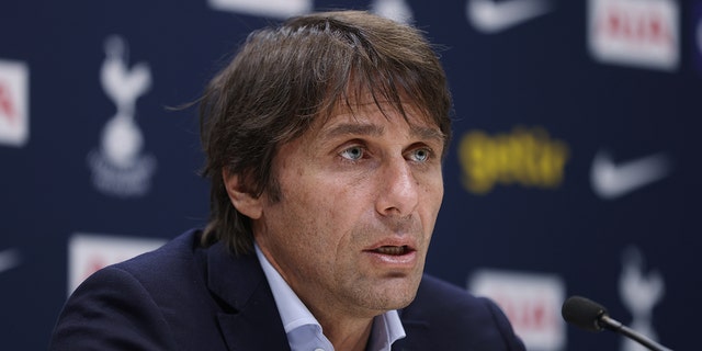 Antonio Conte, head coach of Tottenham Hotspur talks to the media during the Tottenham Hotspur press conference at Tottenham Hotspur Training Centre on March 10, 2022 in Enfield, England. 