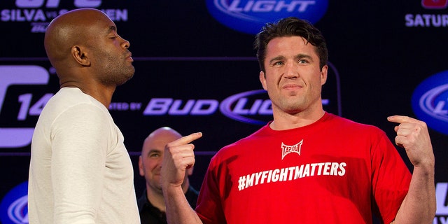 Anderson Silva (left) and Chael Sonnen during a press conference for UFC 148 at Windsor Hotel April 24, 2010, in Rio de Janeiro, Brazil. 