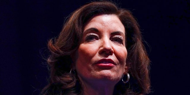 New York Governor Kathy Hochul speaks during the New York State Democratic Convention in New York, Thursday, Feb. 17, 2022. 